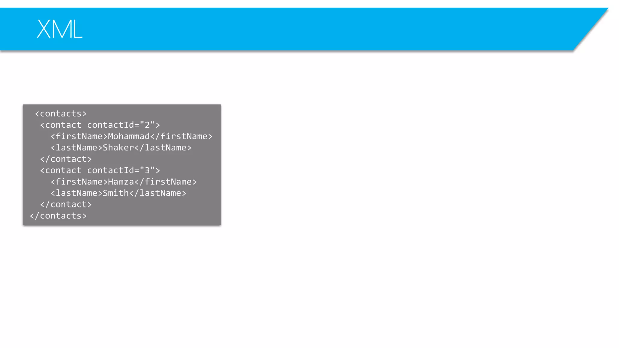 XML 
<contacts> 
<contactcontactId="2"> 
<firstName>Mohammad</firstName> 
<lastName>Shaker</lastName> 
</contact> 
<contactcontactId="3"> 
<firstName>Hamza</firstName> 
<lastName>Smith</lastName> 
</contact> 
</contacts>  