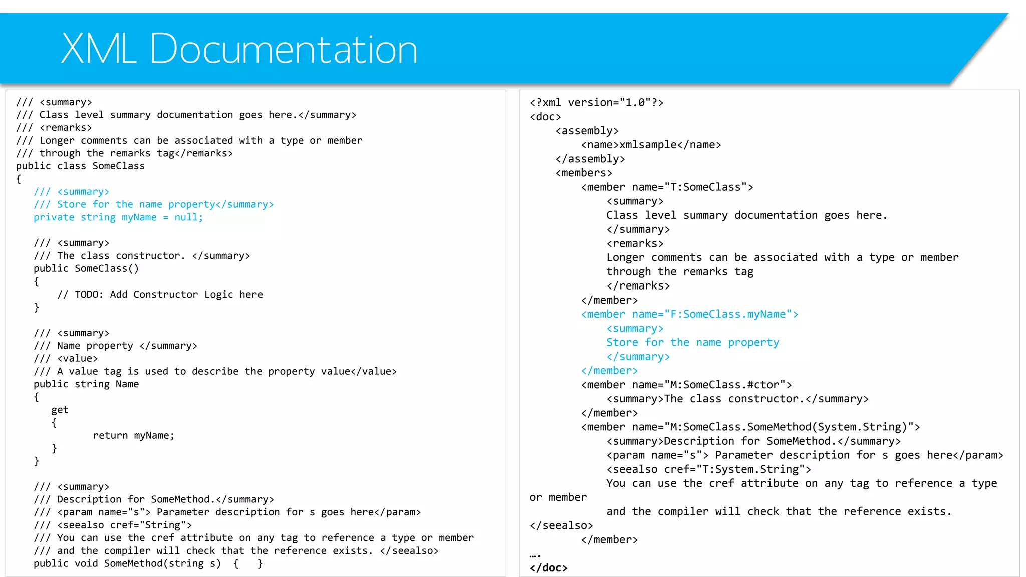 XML Documentation 
/// <summary> 
/// Class level summary documentation goes here.</summary> 
/// <remarks> 
/// Longer comments can be associated with a type or member 
/// through the remarks tag</remarks> 
public class SomeClass 
{ 
/// <summary> 
/// Store for the name property</summary> 
private string myName= null; 
/// <summary> 
/// The class constructor. </summary> 
public SomeClass() 
{ 
// TODO: Add Constructor Logic here 
} 
/// <summary> 
/// Name property </summary> 
/// <value> 
/// A value tag is used to describe the property value</value> 
public string Name 
{ 
get 
{ 
return myName; 
} 
} 
/// <summary> 
/// Description for SomeMethod.</summary> 
/// <paramname="s"> Parameter description for s goes here</param> 
/// <seealsocref="String"> 
/// You can use the crefattribute on any tag to reference a type or member 
/// and the compiler will check that the reference exists. </seealso> 
public void SomeMethod(string s) { } 
<?xml version="1.0"?> 
<doc> 
<assembly> 
<name>xmlsample</name> 
</assembly> 
<members> 
<member name="T:SomeClass"> 
<summary> 
Class level summary documentation goes here. 
</summary> 
<remarks> 
Longer comments can be associated with a type or member 
through the remarks tag 
</remarks> 
</member> 
<member name="F:SomeClass.myName"> 
<summary> 
Store for the name property 
</summary> 
</member> 
<member name="M:SomeClass.#ctor"> 
<summary>The class constructor.</summary> 
</member> 
<member name="M:SomeClass.SomeMethod(System.String)"> 
<summary>Description for SomeMethod.</summary> 
<paramname="s"> Parameter description for s goes here</param> 
<seealsocref="T:System.String"> 
You can use the crefattribute on any tag to reference a type or member 
and the compiler will check that the reference exists. </seealso> 
</member> 
…. 
</doc>  
