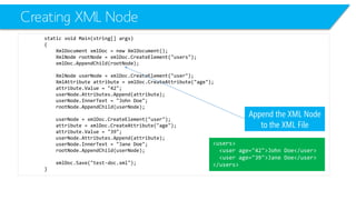 Creating XML Node 
static void Main(string[] args) 
{ 
XmlDocumentxmlDoc= new XmlDocument(); 
XmlNoderootNode= xmlDoc.CreateElement("users"); 
xmlDoc.AppendChild(rootNode); 
XmlNodeuserNode= xmlDoc.CreateElement("user"); 
XmlAttributeattribute = xmlDoc.CreateAttribute("age"); 
attribute.Value= "42"; 
userNode.Attributes.Append(attribute); 
userNode.InnerText= "John Doe"; 
rootNode.AppendChild(userNode); 
userNode= xmlDoc.CreateElement("user"); 
attribute = xmlDoc.CreateAttribute("age"); 
attribute.Value= "39"; 
userNode.Attributes.Append(attribute); 
userNode.InnerText= "Jane Doe"; 
rootNode.AppendChild(userNode); 
xmlDoc.Save("test-doc.xml"); 
} 
Append the XML Node to the XML File 
<users> 
<user age="42">John Doe</user> 
<user age="39">Jane Doe</user> 
</users>  
