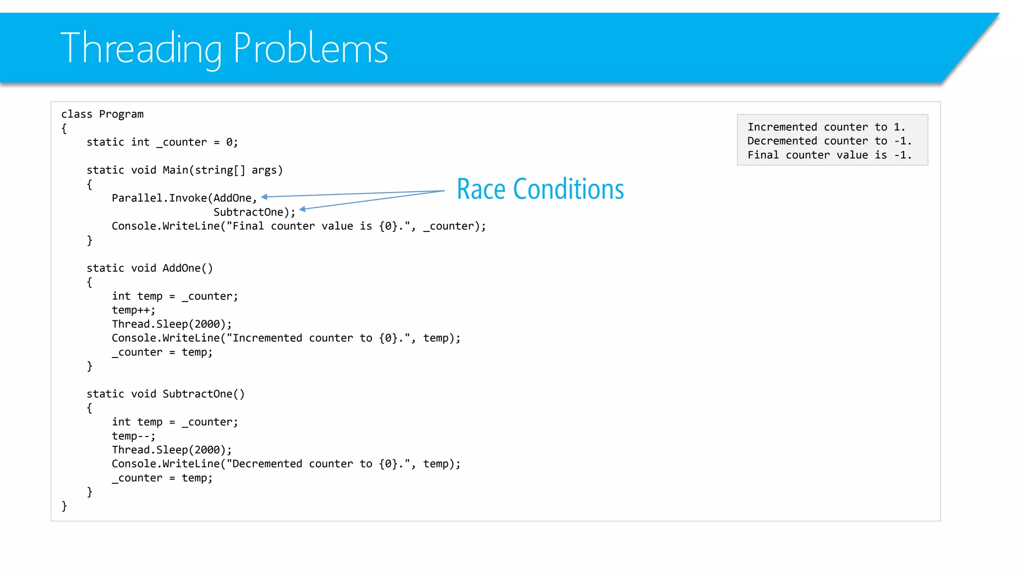 Threading Problems 
class Program 
{ 
static int_counter = 0; 
static void Main(string[] args) 
{ 
Parallel.Invoke(AddOne, 
SubtractOne); 
Console.WriteLine("Final counter value is {0}.", _counter); 
} 
static void AddOne() 
{ 
inttemp = _counter; 
temp++; 
Thread.Sleep(2000); 
Console.WriteLine("Incremented counter to {0}.", temp); 
_counter = temp; 
} 
static void SubtractOne() 
{ 
inttemp = _counter; 
temp--; 
Thread.Sleep(2000); 
Console.WriteLine("Decremented counter to {0}.", temp); 
_counter = temp; 
} 
} 
Incremented counter to 1. 
Decremented counter to -1. 
Final counter value is -1. 
Race Conditions  