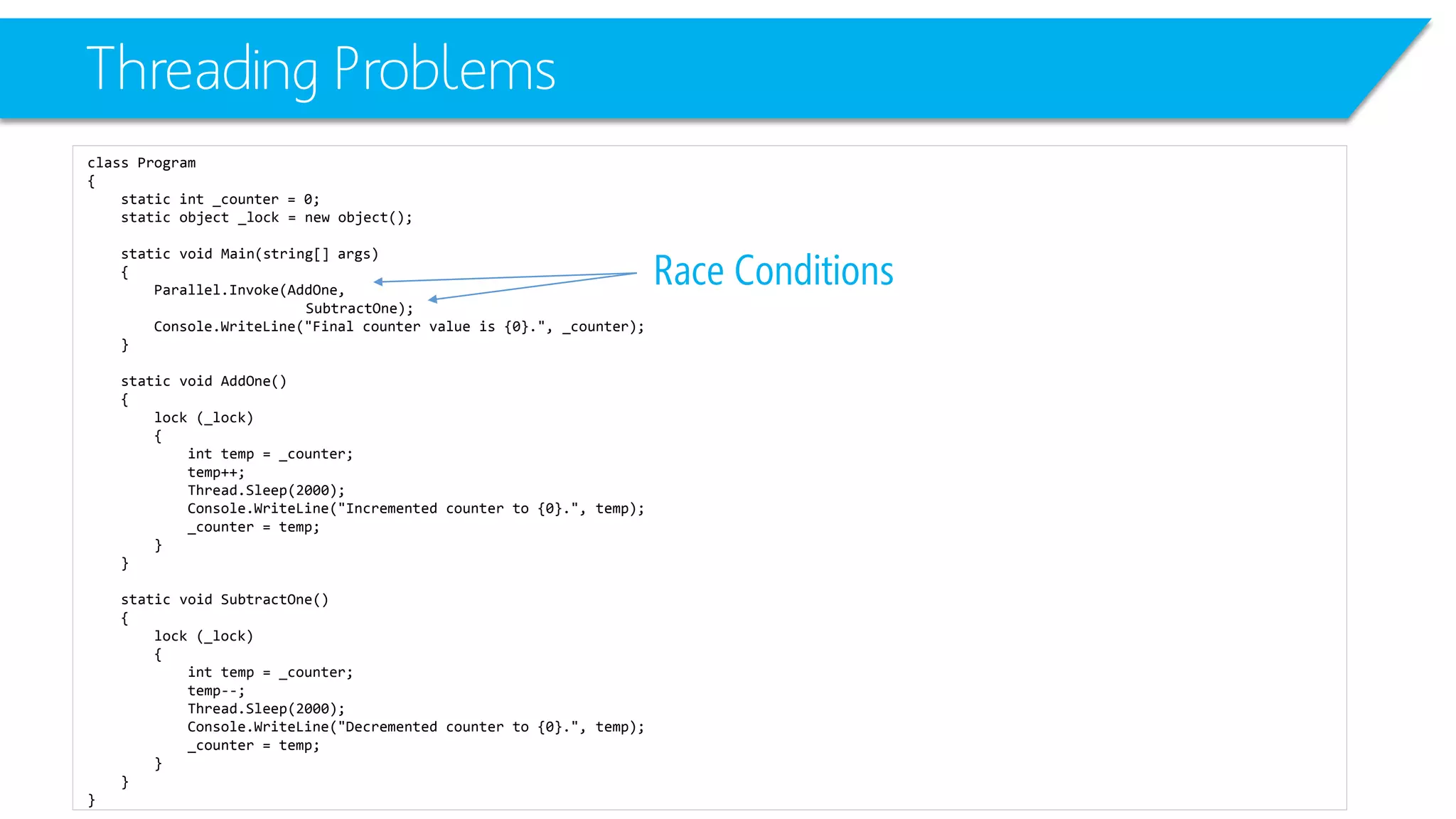 Threading Problems 
class Program 
{ 
static int_counter = 0; 
static object _lock = new object(); 
static void Main(string[] args) 
{ 
Parallel.Invoke(AddOne, 
SubtractOne); 
Console.WriteLine("Final counter value is {0}.", _counter); 
} 
static void AddOne() 
{ 
lock (_lock) 
{ 
inttemp = _counter; 
temp++; 
Thread.Sleep(2000); 
Console.WriteLine("Incremented counter to {0}.", temp); 
_counter = temp; 
} 
} 
static void SubtractOne() 
{ 
lock (_lock) 
{ 
inttemp = _counter; 
temp--; 
Thread.Sleep(2000); 
Console.WriteLine("Decremented counter to {0}.", temp); 
_counter = temp; 
} 
} 
} 
Race Conditions  
