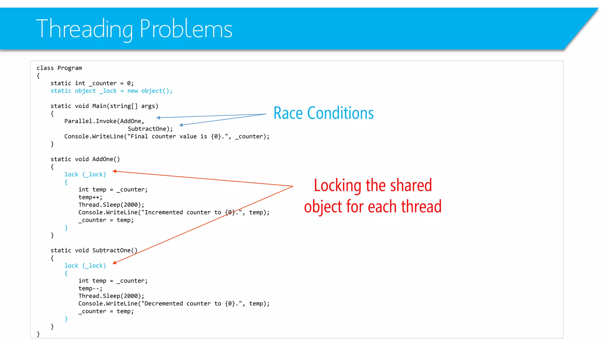 Threading Problems 
class Program 
{ 
static int_counter = 0; 
static object _lock = new object(); 
static void Main(string[] args) 
{ 
Parallel.Invoke(AddOne, 
SubtractOne); 
Console.WriteLine("Final counter value is {0}.", _counter); 
} 
static void AddOne() 
{ 
lock (_lock) 
{ 
inttemp = _counter; 
temp++; 
Thread.Sleep(2000); 
Console.WriteLine("Incremented counter to {0}.", temp); 
_counter = temp; 
} 
} 
static void SubtractOne() 
{ 
lock (_lock) 
{ 
inttemp = _counter; 
temp--; 
Thread.Sleep(2000); 
Console.WriteLine("Decremented counter to {0}.", temp); 
_counter = temp; 
} 
} 
} 
Race Conditions 
Locking the shared object for each thread  