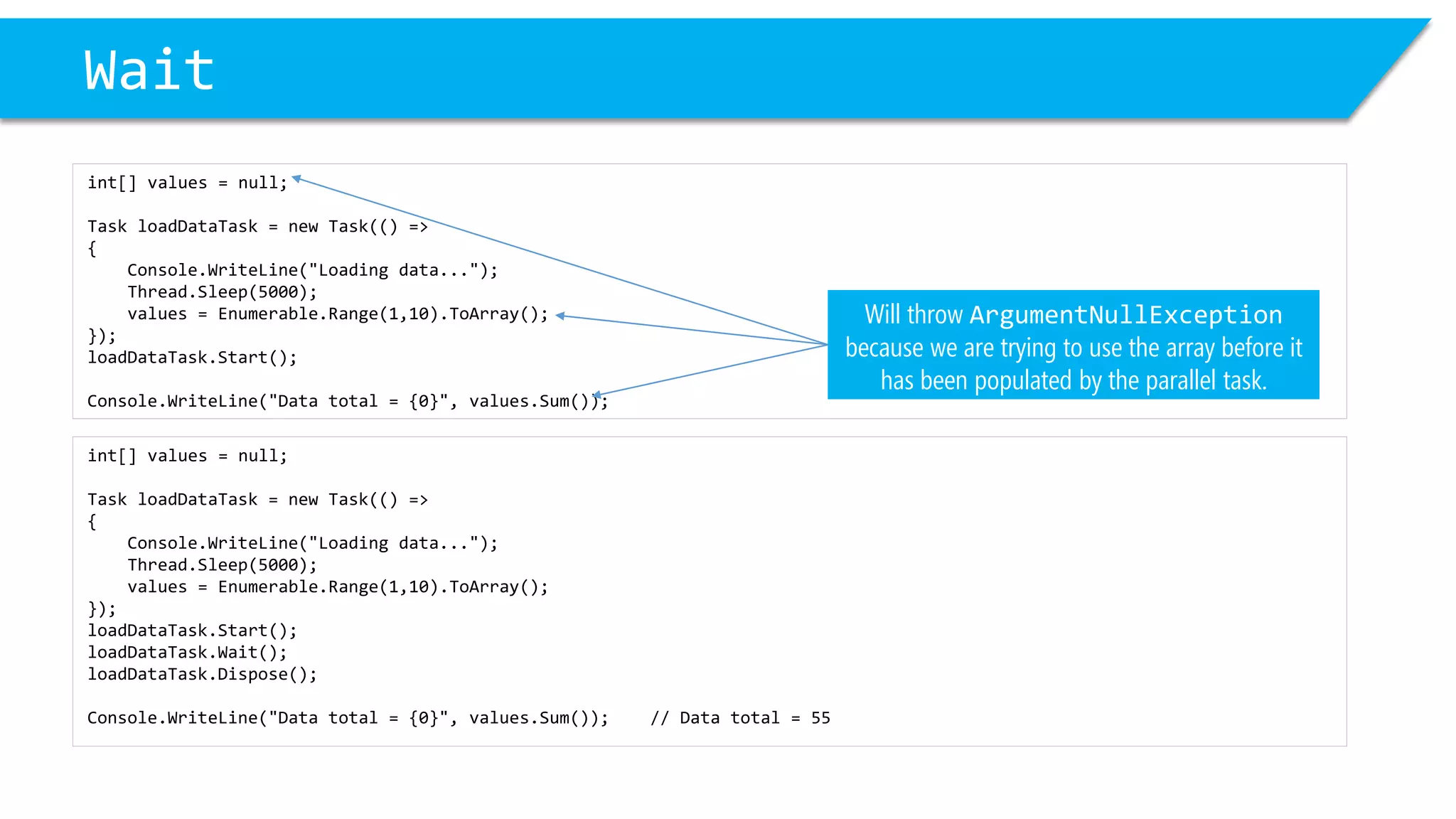 Wait 
int[] values = null; 
Task loadDataTask= new Task(() => 
{ 
Console.WriteLine("Loading data..."); 
Thread.Sleep(5000); 
values = Enumerable.Range(1,10).ToArray(); 
}); 
loadDataTask.Start(); 
Console.WriteLine("Data total = {0}", values.Sum()); 
Will throw ArgumentNullExceptionbecause we are trying to use the array before it has been populated by the parallel task. 
int[] values = null; 
Task loadDataTask= new Task(() => 
{ 
Console.WriteLine("Loading data..."); 
Thread.Sleep(5000); 
values = Enumerable.Range(1,10).ToArray(); 
}); 
loadDataTask.Start(); 
loadDataTask.Wait(); 
loadDataTask.Dispose(); 
Console.WriteLine("Data total = {0}", values.Sum()); // Data total = 55  