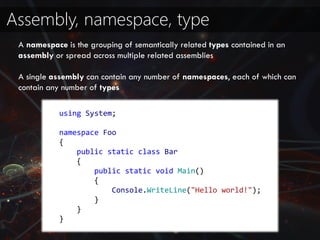 Assembly, namespace, type
A namespace is the grouping of semantically related types contained in an
assembly or spread across multiple related assemblies
A single assembly can contain any number of namespaces, each of which can
contain any number of types
using System;
namespace Foo
{
public static class Bar
{
public static void Main()
{
Console.WriteLine("Hello world!");
}
}
}
 