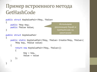 Пример встроенного метода
GetHashCode
public struct KeyValuePair<TKey, TValue>
{
public TKey Key;
public TValue Value;
}
public struct KeyValuePair
{
public static KeyValuePair<TKey, TValue> Create<TKey, TValue>(
TKey key, TValue value)
{
return new KeyValuePair<TKey, TValue>()
{
Key = key,
Value = value
};
}
}
Используем
реализацию Equals и
GetHashCode по
умолчанию
 