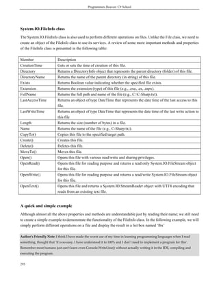 Programmers Heaven: C# School




System.IO.FileInfo class
The System.IO.FileInfo class is also used to perform different operations on files. Unlike the File class, we need to
create an object of the FileInfo class to use its services. A review of some more important methods and properties
of the FileInfo class is presented in the following table:

Member                    Description
CreationTime              Gets or sets the time of creation of this file.
Directory                 Returns a DirectoryInfo object that represents the parent directory (folder) of this file.
DirectoryName             Returns the name of the parent directory (in string) of this file.
Exists                    Returns Boolean value indicating whether the specified file exists.
Extension                 Returns the extension (type) of this file (e.g., .exe, .cs, .aspx).
FullName                  Returns the full path and name of the file (e.g., C:C-Sharp.txt).
LastAccessTime            Returns an object of type DateTime that represents the date time of the last access to this
                          file.
LastWriteTime             Returns an object of type DateTime that represents the date time of the last write action to
                          this file
Length                    Returns the size (number of bytes) in a file.
Name                      Returns the name of the file (e.g., C-Sharp.txt).
CopyTo()                  Copies this file to the specified target path.
Create()                  Creates this file.
Delete()                  Deletes this file.
MoveTo()                  Moves this file.
Open()                    Opens this file with various read/write and sharing privileges.
OpenRead()                Opens this file for reading purpose and returns a read only System.IO.FileStream object
                          for this file.
OpenWrite()               Opens this file for reading purpose and returns a read/write System.IO.FileStream object
                          for this file.
OpenText()                Opens this file and returns a System.IO.StreamReader object with UTF8 encoding that
                          reads from an existing text file.


A quick and simple example
Although almost all the above properties and methods are understandable just by reading their name; we still need
to create a simple example to demonstrate the functionality of the FileInfo class. In the following example, we will
simply perform different operations on a file and display the result in a list box named ‘lbx’

Author’s Friendly Note: I think I have made the worst use of my time in learning programming languages when I read
something, thought that ‘It is so easy, I have understood it to 100% and I don’t need to implement a program for this’.
Remember most humans just can’t learn even Console.WriteLine() without actually writing it in the IDE, compiling and
executing the program.


295
 