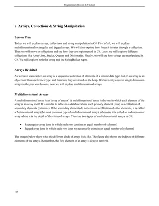 Programmers Heaven: C# School
129
7. Arrays, Collections & String Manipulation
Lesson Plan
Today we will explore arrays, collections and string manipulation in C#. First of all, we will explore
multidimensional rectangular and jagged arrays. We will also explore how foreach iterates through a collection.
Then we will move to collections and see how they are implemented in C#. Later, we will explore different
collections like ArrayLists, Stacks, Queues and Dictionaries. Finally, we will see how strings are manipulated in
C#. We will explore both the string and the StringBuilder types.
Arrays Revisited
As we have seen earlier, an array is a sequential collection of elements of a similar data type. In C#, an array is an
object and thus a reference type, and therefore they are stored on the heap. We have only covered single dimension
arrays in the previous lessons, now we will explore multidimensional arrays.
Multidimensional Arrays
A multidimensional array is an 'array of arrays'. A multidimensional array is the one in which each element of the
array is an array itself. It is similar to tables in a database where each primary element (row) is a collection of
secondary elements (columns). If the secondary elements do not contain a collection of other elements, it is called
a 2-dimensional array (the most common type of multidimensional array), otherwise it is called an n-dimensional
array where n is the depth of the chain of arrays. There are two types of multidimensional arrays in C#:
• Rectangular array (one in which each row contains an equal number of columns)
• Jagged array (one in which each row does not necessarily contain an equal number of columns)
The images below show what the different kinds of arrays look like. The figure also shows the indexes of different
elements of the arrays. Remember, the first element of an array is always zero (0).
 