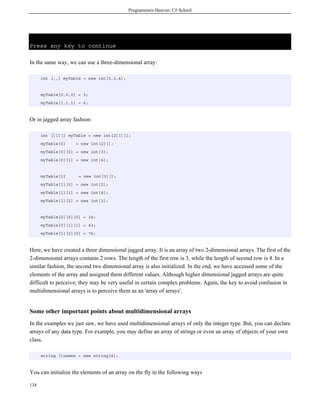 Programmers Heaven: C# School
134
Press any key to continue
In the same way, we can use a three-dimensional array:
int [,,] myTable = new int[3,2,4];
myTable[0,0,0] = 3;
myTable[1,1,1] = 6;
Or in jagged array fashion:
int [][][] myTable = new int[2][][];
myTable[0] = new int[2][];
myTable[0][0] = new int[3];
myTable[0][1] = new int[4];
myTable[1] = new int[3][];
myTable[1][0] = new int[2];
myTable[1][1] = new int[4];
myTable[1][2] = new int[3];
myTable[0][0][0] = 34;
myTable[0][1][1] = 43;
myTable[1][2][2] = 76;
Here, we have created a three dimensional jagged array. It is an array of two 2-dimensional arrays. The first of the
2-dimensional arrays contains 2 rows. The length of the first row is 3, while the length of second row is 4. In a
similar fashion, the second two dimensional array is also initialized. In the end, we have accessed some of the
elements of the array and assigned them different values. Although higher dimensional jagged arrays are quite
difficult to perceive; they may be very useful in certain complex problems. Again, the key to avoid confusion in
multidimensional arrays is to perceive them as an 'array of arrays'.
Some other important points about multidimensional arrays
In the examples we just saw, we have used multidimensional arrays of only the integer type. But, you can declare
arrays of any data type. For example, you may define an array of strings or even an array of objects of your own
class.
string []names = new string[4];
You can initialize the elements of an array on the fly in the following ways
 