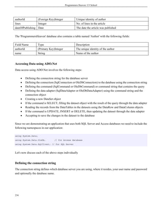 Programmers Heaven: C# School
234
authorId (Foreign Key)Integer Unique identity of author
lines Integer No. of lines in the article
dateOfPublishing Date The date the article was published
The 'ProgrammersHeaven' database also contains a table named 'Author' with the following fields:
Field Name Type Description
authorId (Primary Key)Integer The unique identity of the author
name String Name of the author
Accessing Data using ADO.Net
Data access using ADO.Net involves the following steps:
• Defining the connection string for the database server
• Defining the connection (SqlConnection or OleDbConnection) to the database using the connection string
• Defining the command (SqlCommand or OleDbCommand) or command string that contains the query
• Defining the data adapter (SqlDataAdapter or OleDbDataAdapter) using the command string and the
connection object
• Creating a new DataSet object
• If the command is SELECT, filling the dataset object with the result of the query through the data adapter
• Reading the records from the DataTables in the datasets using the DataRow and DataColumn objects
• If the command is UPDATE, INSERT or DELETE, then updating the dataset through the data adapter
• Accepting to save the changes in the dataset to the database
Since we are demonstrating an application that uses both SQL Server and Access databases we need to include the
following namespaces in our application:
using System.Data;
using System.Data.OleDb; // for Access database
using System.Data.SqlClient; // for SQL Server
Let's now discuss each of the above steps individually
Defining the connection string
The connection string defines which database server you are using, where it resides, your user name and password
and optionally the database name.
 