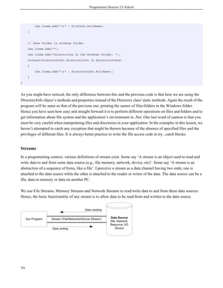 Programmers Heaven: C# School
301
lbx.Items.Add("t" + fileInfo.FullName);
}
// show folder in windows folder
lbx.Items.Add("");
lbx.Items.Add("Directories in the Windows Folder: ");
foreach(DirectoryInfo directoryInfo in directoryInfos)
{
lbx.Items.Add("t" + directoryInfo.FullName);
}
}
As you might have noticed, the only difference between this and the previous code is that here we are using the
DirectoryInfo object’s methods and properties instead of the Directory class' static methods. Again the result of the
program will be same as that of the previous one, printing the names of files/folders in the Windows folder.
Hence you have seen how easy and straight forward it is to perform different operations on files and folders and to
get information about file system and the application’s environment in .Net. One last word of caution is that you
must be very careful when manipulating files and directories in your application. In the examples in this lesson, we
haven’t attempted to catch any exception that might be thrown because of the absence of specified files and the
privileges of different files. It is always better practice to write the file access code in try...catch blocks.
Streams
In a programming context, various definitions of stream exist. Some say ‘A stream is an object used to read and
write data to and from some data source (e.g., file memory, network, device, etc)’. Some say ‘A stream is an
abstraction of a sequence of bytes, like a file’. I perceive a stream as a data channel having two ends; one is
attached to the data source while the other is attached to the reader or writer of the data. The data source can be a
file, data in memory or data on another PC.
We use File Streams, Memory Streams and Network Streams to read/write data to and from these data sources.
Hence, the basic functionality of any stream is to allow data to be read from and written to the data source.
Data Source
(file, Network,
Resource, I/O
Device
Our Program Stream (File/Networks/Device Stream)
Data reading
Data writing
 