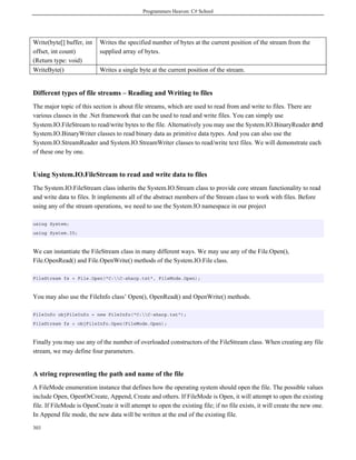 Programmers Heaven: C# School
303
Write(byte[] buffer, int
offset, int count)
(Return type: void)
Writes the specified number of bytes at the current position of the stream from the
supplied array of bytes.
WriteByte() Writes a single byte at the current position of the stream.
Different types of file streams – Reading and Writing to files
The major topic of this section is about file streams, which are used to read from and write to files. There are
various classes in the .Net framework that can be used to read and write files. You can simply use
System.IO.FileStream to read/write bytes to the file. Alternatively you may use the System.IO.BinaryReader and
System.IO.BinaryWriter classes to read binary data as primitive data types. And you can also use the
System.IO.StreamReader and System.IO.StreamWriter classes to read/write text files. We will demonstrate each
of these one by one.
Using System.IO.FileStream to read and write data to files
The System.IO.FileStream class inherits the System.IO.Stream class to provide core stream functionality to read
and write data to files. It implements all of the abstract members of the Stream class to work with files. Before
using any of the stream operations, we need to use the System.IO namespace in our project
using System;
using System.IO;
We can instantiate the FileStream class in many different ways. We may use any of the File.Open(),
File.OpenRead() and File.OpenWrite() methods of the System.IO.File class.
FileStream fs = File.Open("C:C-sharp.txt", FileMode.Open);
You may also use the FileInfo class’ Open(), OpenRead() and OpenWrite() methods.
FileInfo objFileInfo = new FileInfo("C:C-sharp.txt");
FileStream fs = objFileInfo.Open(FileMode.Open);
Finally you may use any of the number of overloaded constructors of the FileStream class. When creating any file
stream, we may define four parameters.
A string representing the path and name of the file
A FileMode enumeration instance that defines how the operating system should open the file. The possible values
include Open, OpenOrCreate, Append, Create and others. If FileMode is Open, it will attempt to open the existing
file. If FileMode is OpenCreate it will attempt to open the existing file; if no file exists, it will create the new one.
In Append file mode, the new data will be written at the end of the existing file.
 