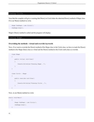 Programmers Heaven: C# School
92
Drawing Circle...
Note that the compiler will give a warning that Draw() in Circle hides the inherited Draw() method of Shape class.
If in our Main() method we write
Shape theShape = new Circle();
theShape.Draw();
Shape's Draw() method is called and the program will display:
Drawing Shape...
Overriding the methods - virtual and override keywords
Now, if we want to override the Draw() method of the Shape class in the Circle class, we have to mark the Draw()
method in the Shape (base) class as virtual and the Draw() method in the Circle (sub) class as override.
class Shape
{
public virtual void Draw()
{
Console.WriteLine("Drawing Shape...");
}
}
class Circle : Shape
{
public override void Draw()
{
Console.WriteLine("Drawing Circle...");
}
}
Now, in our Main() method we write
static void Main()
{
Shape theShape = new Circle();
theShape.Draw();
}
 