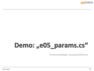 Demo: „e05_params.cs“
Parameterübergabe: Passing by Reference

04.12.2013

14

 