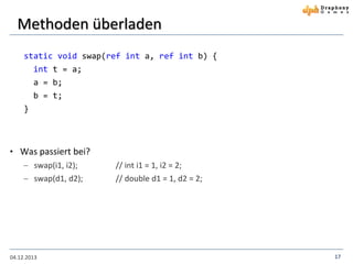Methoden überladen
static void swap(ref int a, ref int b) {
int t = a;
a = b;
b = t;
}

• Was passiert bei?
 swap(i1, i2);
 swap(d1, d2);

04.12.2013

// int i1 = 1, i2 = 2;
// double d1 = 1, d2 = 2;

17

 