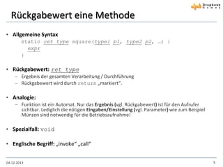 Rückgabewert eine Methode
• Allgemeine Syntax
static ret_type square(type1 p1, type2 p2, …) {
expr
}

• Rückgabewert: ret_type
 Ergebnis der gesamten Verarbeitung / Durchführung
 Rückgabewert wird durch return „markiert“.

• Analogie:
 Funktion ist ein Automat. Nur das Ergebnis (vgl. Rückgabewert) ist für den Aufrufer
sichtbar. Lediglich die nötigen Eingaben/Einstellung (vgl. Parameter) wie zum Beispiel
Münzen sind notwendig für die Betriebsaufnahme!

• Spezialfall: void
• Englische Begriff: „invoke“ „call“

04.12.2013

5

 