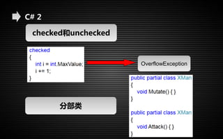 C# 2 
checked和unchecked 
OverflowException 
分部类 
 
