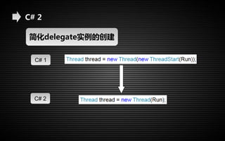 C# 2 
简化delegate实例的创建 
C# 1 
C# 2 
 