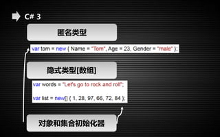 C# 3 
匿名类型 
隐式类型[数组] 
对象和集合初始化器 
 