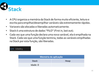 Stack
• A CPU organiza a memória da Stack de forma muito eficiente, leitura e
escrita para empilhar/desempilhar variáveis ​são extremamente rápidas.
• Variaveis são alocadas e liberadas automaticamente.
• Stack é uma estrutura de dados “FILO” (First in, last out).
• Cada vez que uma função declara uma nova variável, ela é empilhada na
Stack. Cada vez que uma função termina, todas as variáveis ​empilhadas
na Stack por esta função, são liberadas.

Memória da aplicação
Stack

Heap

Idade: 0
10

 