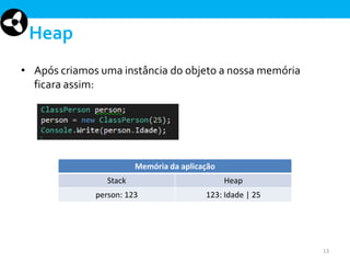 Heap
• Após criamos uma instância do objeto a nossa memória
ficara assim:

Memória da aplicação
Stack

Heap

person: 123

123: Idade | 25

13

 