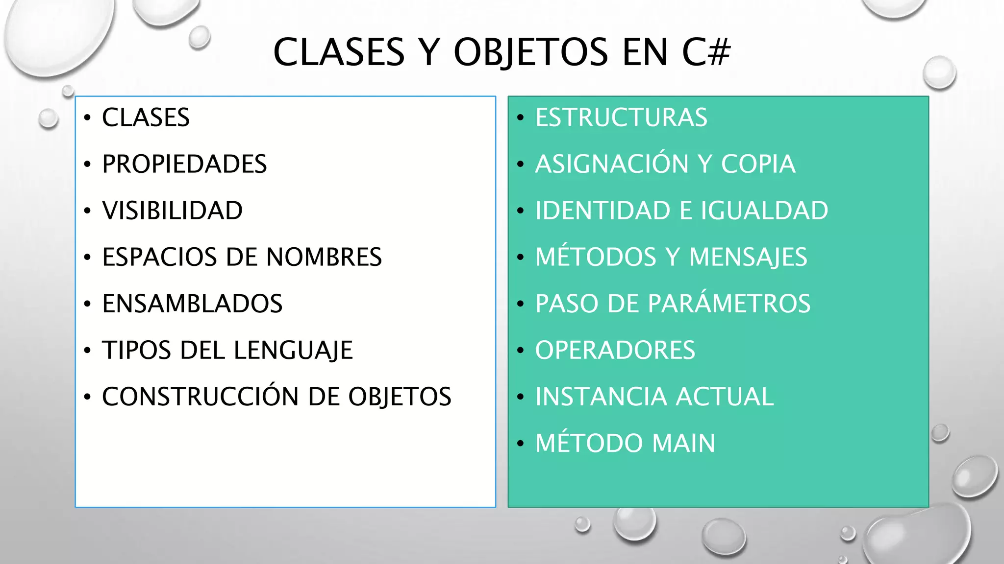 CLASES Y OBJETOS EN C#
• CLASES
• PROPIEDADES
• VISIBILIDAD
• ESPACIOS DE NOMBRES
• ENSAMBLADOS
• TIPOS DEL LENGUAJE
• CONSTRUCCIÓN DE OBJETOS
• ESTRUCTURAS
• ASIGNACIÓN Y COPIA
• IDENTIDAD E IGUALDAD
• MÉTODOS Y MENSAJES
• PASO DE PARÁMETROS
• OPERADORES
• INSTANCIA ACTUAL
• MÉTODO MAIN
 