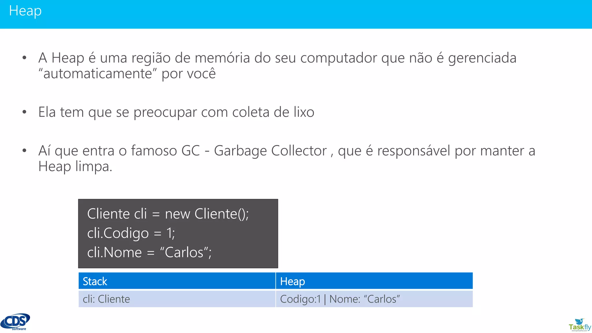 www.gotaskfly.com
Stack Heap
cli: Cliente Codigo:1 | Nome: “Carlos”
Cliente cli = new Cliente();
cli.Codigo = 1;
cli.Nome = “Carlos”;
 