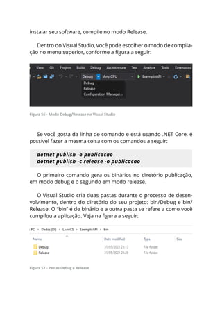 instalar seu software, compile no modo Release.
Dentro do Visual Studio, você pode escolher o modo de compila-
ção no menu superior, conforme a figura a seguir:
Figura 56 - Modo Debug/Release no Visual Studio
Se você gosta da linha de comando e está usando .NET Core, é
possível fazer a mesma coisa com os comandos a seguir:
dotnet publish -o publicacao
dotnet publish -c release -o publicacao
O primeiro comando gera os binários no diretório publicação,
em modo debug e o segundo em modo release.
O Visual Studio cria duas pastas durante o processo de desen-
volvimento, dentro do diretório do seu projeto: bin/Debug e bin/
Release. O “bin” é de binário e a outra pasta se refere a como você
compilou a aplicação. Veja na figura a seguir:
Figura 57 - Pastas Debug e Release
 