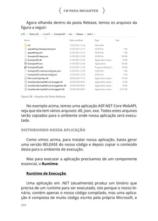 C# PARA INICIANTES
232
Agora olhando dentro da pasta Release, temos os arquivos da
figura a seguir:
Figura 58 - Arquivo da Pasta Release
No exemplo acima, temos uma aplicação ASP.NET Core WebAPI,
veja que ela tem vários arquivos: dll, json, exe. Todos estes arquivos
serão copiados para o ambiente onde nossa aplicação será execu-
tada.
DISTRIBUINDO NOSSA APLICAÇÃO
Como vimos acima, para instalar nossa aplicação, basta gerar
uma versão RELEASE do nosso código e depois copiar o conteúdo
desta para o ambiente de execução.
Mas para executar a aplicação precisamos de um componente
essencial, o Runtime.
Runtime de Execução
Uma aplicação em .NET (atualmente) produz um binário que
precisa de um runtime para ser executado, isto porque o nosso bi-
nário, contém apenas o nosso código compilado, mas uma aplica-
ção é composta de muito código escrito pela própria Microsoft, e
 