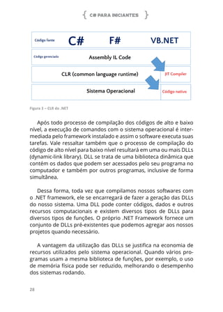 C# PARA INICIANTES
28
Figura 3 – CLR do .NET
Após todo processo de compilação dos códigos de alto e baixo
nível, a execução de comandos com o sistema operacional é inter-
mediada pelo framework instalado e assim o software executa suas
tarefas. Vale ressaltar também que o processo de compilação do
código de alto nível para baixo nível resultará em uma ou mais DLLs
(dynamic-link library). DLL se trata de uma biblioteca dinâmica que
contém os dados que podem ser acessados pelo seu programa no
computador e também por outros programas, inclusive de forma
simultânea.
Dessa forma, toda vez que compilamos nossos softwares com
o .NET framework, ele se encarregará de fazer a geração das DLLs
do nosso sistema. Uma DLL pode conter códigos, dados e outros
recursos computacionais e existem diversos tipos de DLLs para
diversos tipos de funções. O próprio .NET Framework fornece um
conjunto de DLLs pré-existentes que podemos agregar aos nossos
projetos quando necessário.
A vantagem da utilização das DLLs se justifica na economia de
recursos utilizados pelo sistema operacional. Quando vários pro-
gramas usam a mesma biblioteca de funções, por exemplo, o uso
de memória física pode ser reduzido, melhorando o desempenho
dos sistemas rodando.
 