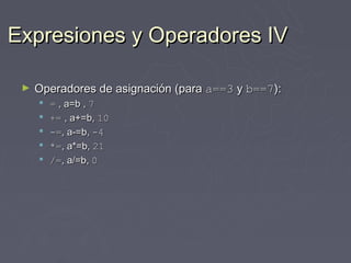 Expresiones y Operadores IV

 ►   Operadores de asignación (para a==3 y b==7):
        = , a=b , 7
        += , a+=b, 10
        -=, a-=b, -4
        *=, a*=b, 21
        /=, a/=b, 0
 