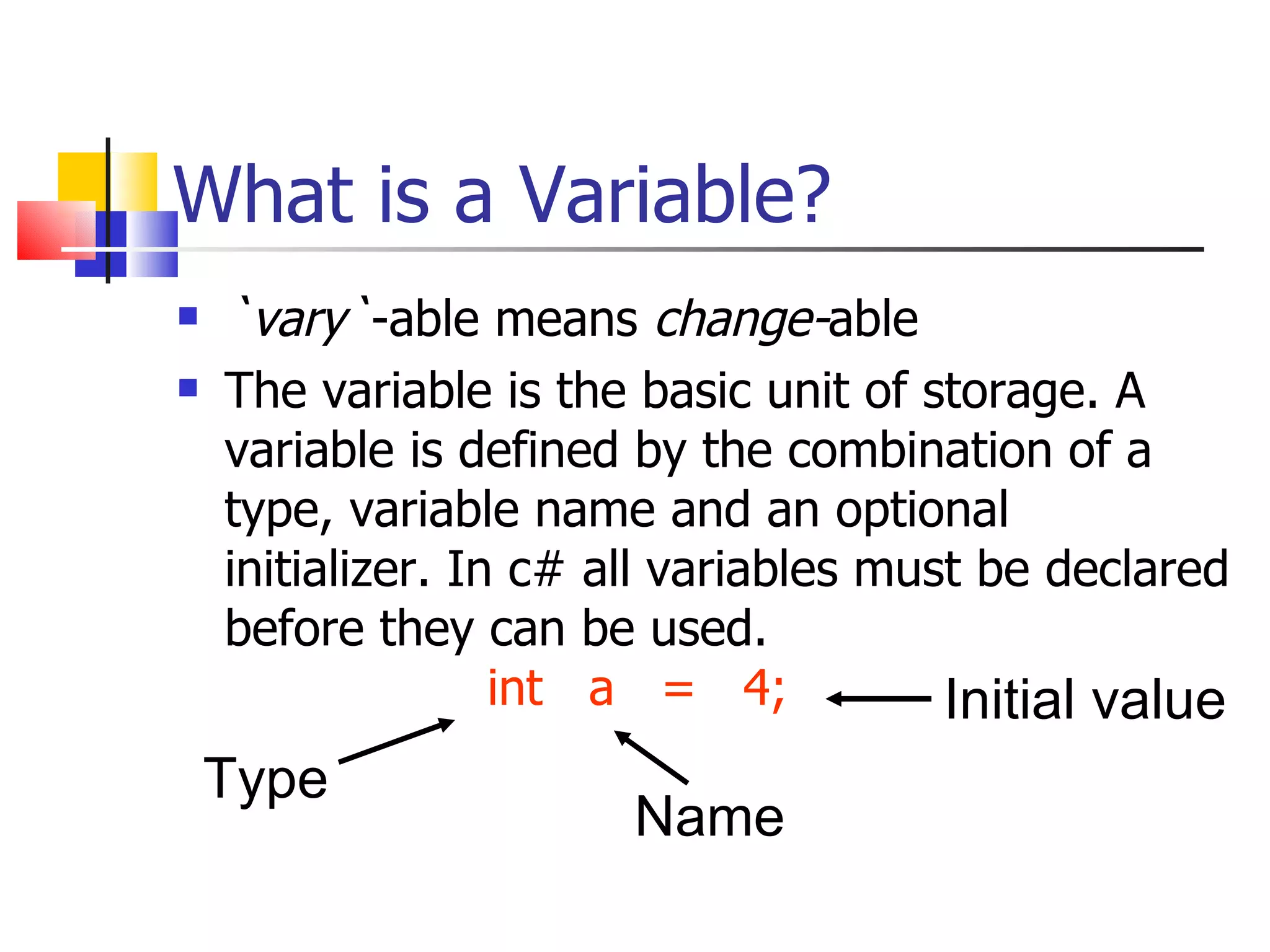 What is a Variable? `vary` -able   means  change- able The variable is the basic unit of storage. A variable is defined by the combination of a type, variable name and an optional initializer. In c# all variables must be declared before they can be used.    int  a  =  4; Type Name Initial value 