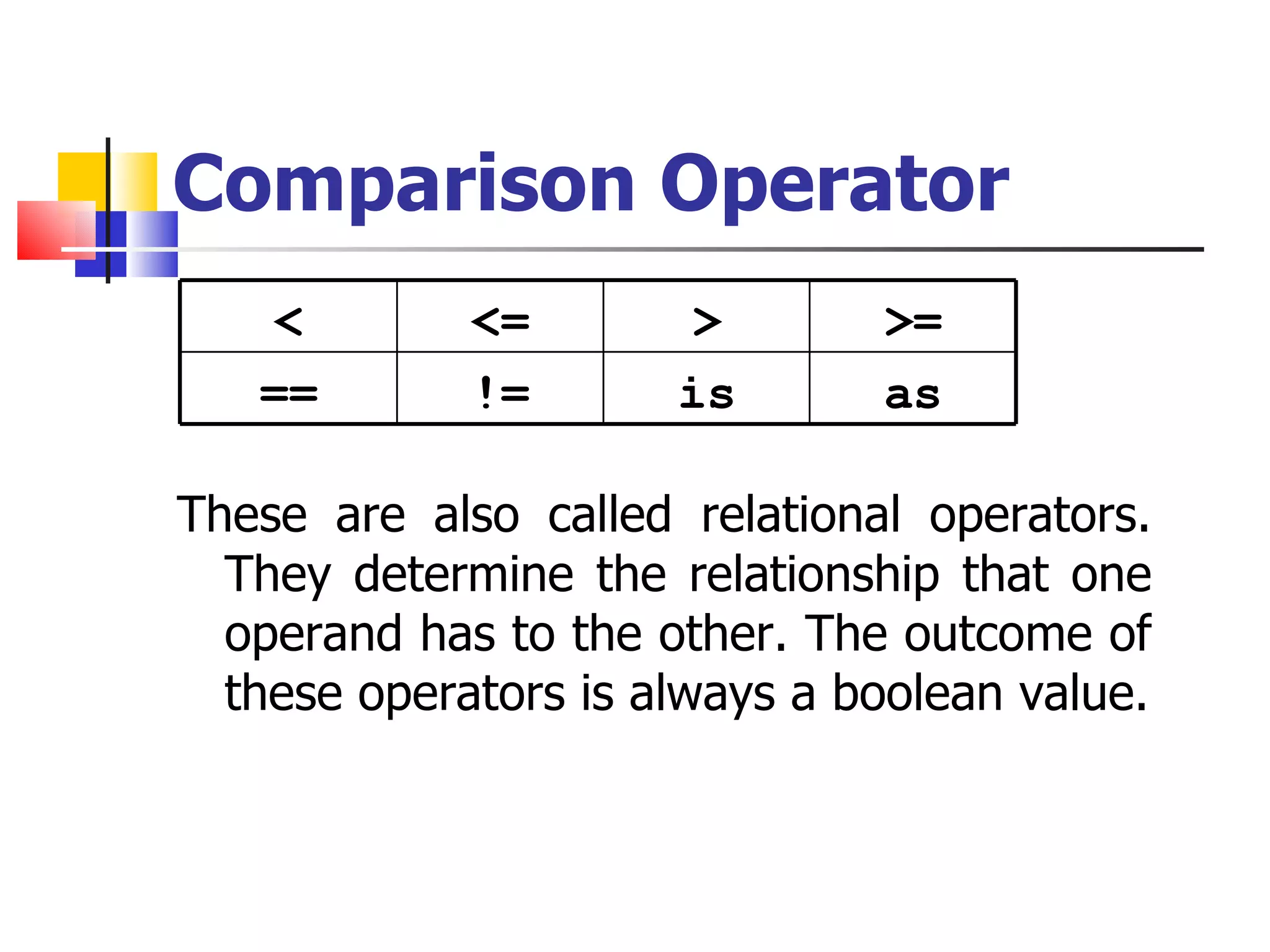 Comparison Operator These are also called relational operators. They determine the relationship that one operand has to the other. The outcome of these operators is always a boolean value. < <= > >= == != is as 
