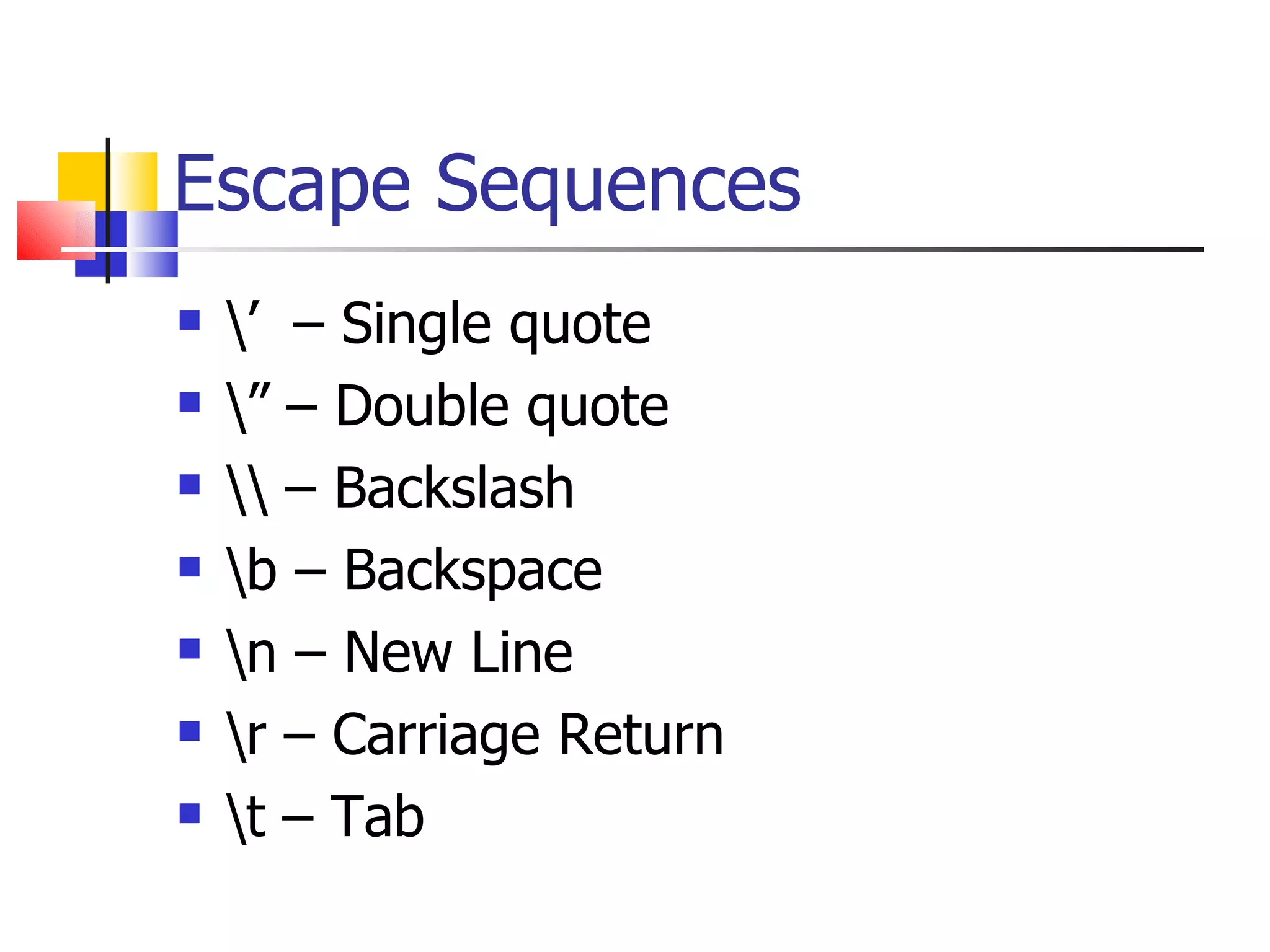 Escape Sequences \’  – Single quote \” – Double quote \\ – Backslash \b – Backspace \n – New Line \r – Carriage Return \t – Tab 