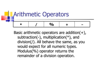 Arithmetic Operators Basic arithmetic operators are addition(+),  subtraction(-), multiplication(*), and division(/). All behave the same, as you would expect for all numeric types. Modulus(%) operator returns the remainder of a division operation. * / % + - 