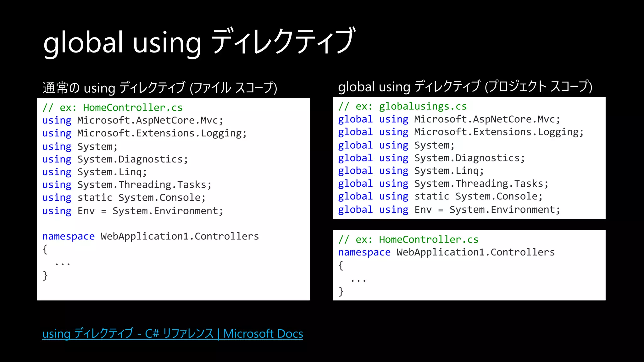 global using ディレクティブ
using ディレクティブ - C# リファレンス | Microsoft Docs
// ex: HomeController.cs
using Microsoft.AspNetCore.Mvc;
using Microsoft.Extensions.Logging;
using System;
using System.Diagnostics;
using System.Linq;
using System.Threading.Tasks;
using static System.Console;
using Env = System.Environment;
namespace WebApplication1.Controllers
{
...
}
通常の using ディレクティブ (ファイル スコープ)
// ex: globalusings.cs
global using Microsoft.AspNetCore.Mvc;
global using Microsoft.Extensions.Logging;
global using System;
global using System.Diagnostics;
global using System.Linq;
global using System.Threading.Tasks;
global using static System.Console;
global using Env = System.Environment;
global using ディレクティブ (プロジェクト スコープ)
// ex: HomeController.cs
namespace WebApplication1.Controllers
{
...
}
 