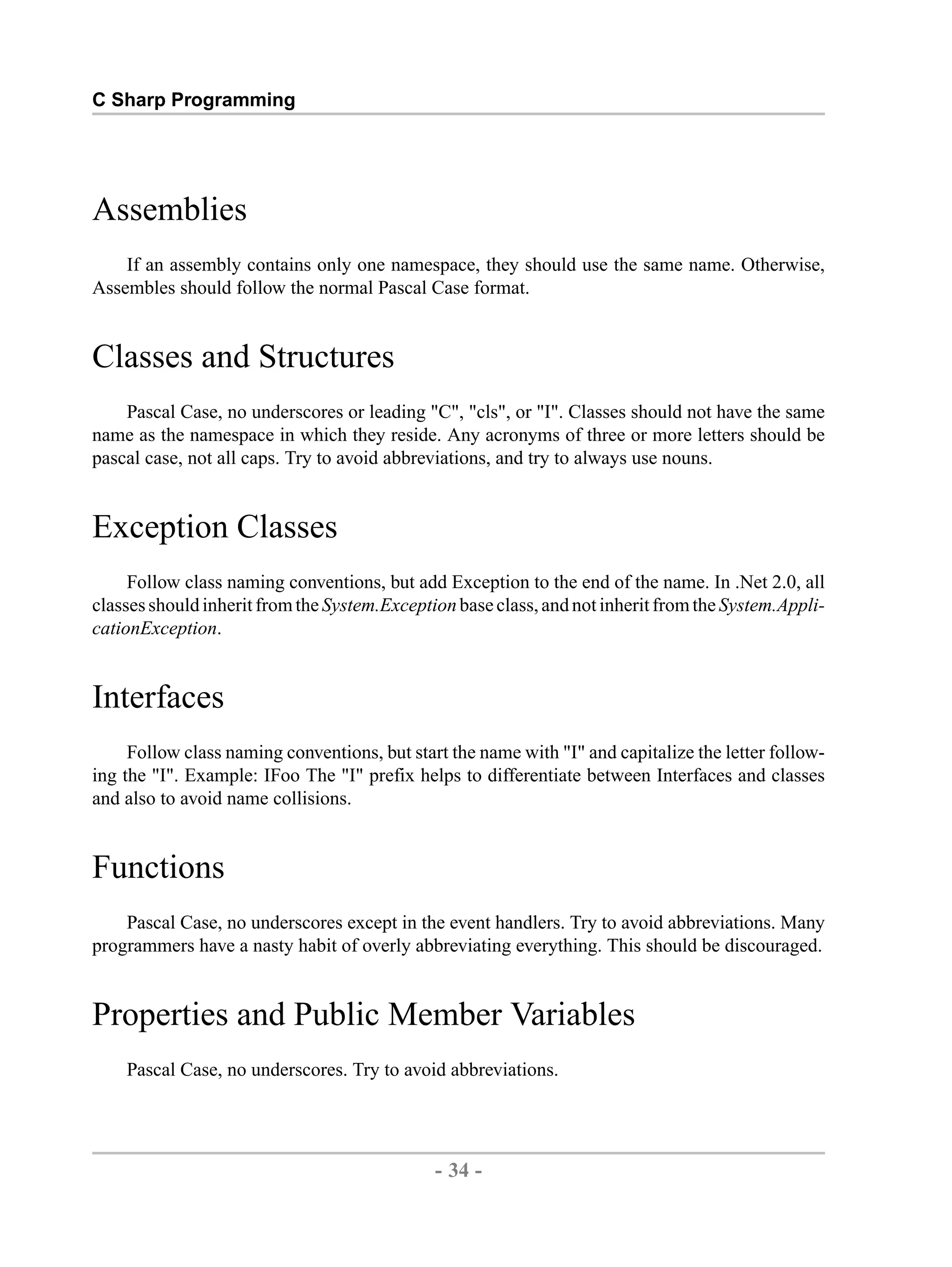 C Sharp Programming Assemblies If an assembly contains only one namespace, they should use the same name. Otherwise, Assembles should follow the normal Pascal Case format. Classes and Structures Pascal Case, no underscores or leading "C", "cls", or "I". Classes should not have the same name as the namespace in which they reside. Any acronyms of three or more letters should be pascal case, not all caps. Try to avoid abbreviations, and try to always use nouns. Exception Classes Follow class naming conventions, but add Exception to the end of the name. In .Net 2.0, all classes should inherit from the System.Exception base class, and not inherit from the System.Appli- cationException. Interfaces Follow class naming conventions, but start the name with "I" and capitalize the letter follow- ing the "I". Example: IFoo The "I" prefix helps to differentiate between Interfaces and classes and also to avoid name collisions. Functions Pascal Case, no underscores except in the event handlers. Try to avoid abbreviations. Many programmers have a nasty habit of overly abbreviating everything. This should be discouraged. Properties and Public Member Variables Pascal Case, no underscores. Try to avoid abbreviations. - 34 - by , XML to PDF XSL-FO Formatter 