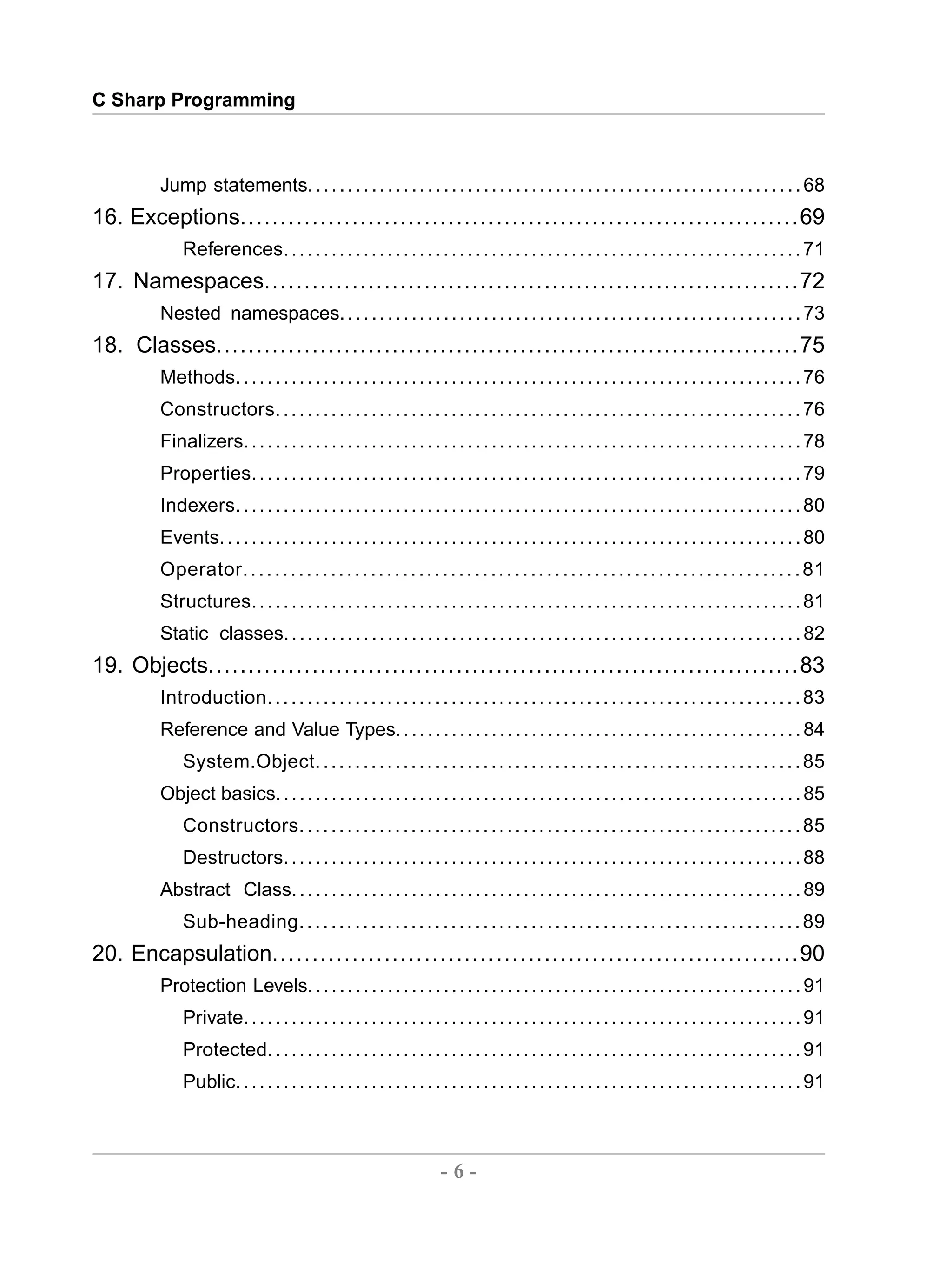 C Sharp Programming Jump statements. . . . . . . . . . . . . . . . . . . . . . . . . . . . . . . . . . . . . . . . . . . . . . . . . . . . . . . . . . . . . . 68 16. Exceptions......................................................................69 References. . . . . . . . . . . . . . . . . . . . . . . . . . . . . . . . . . . . . . . . . . . . . . . . . . . . . . . . . . . . . . . . . 71 17. Namespaces...................................................................72 Nested namespaces. . . . . . . . . . . . . . . . . . . . . . . . . . . . . . . . . . . . . . . . . . . . . . . . . . . . . . . . . . 73 18. Classes.........................................................................75 Methods. . . . . . . . . . . . . . . . . . . . . . . . . . . . . . . . . . . . . . . . . . . . . . . . . . . . . . . . . . . . . . . . . . . . . . . 76 Constructors. . . . . . . . . . . . . . . . . . . . . . . . . . . . . . . . . . . . . . . . . . . . . . . . . . . . . . . . . . . . . . . . . . 76 Finalizers. . . . . . . . . . . . . . . . . . . . . . . . . . . . . . . . . . . . . . . . . . . . . . . . . . . . . . . . . . . . . . . . . . . . . . 78 Properties. . . . . . . . . . . . . . . . . . . . . . . . . . . . . . . . . . . . . . . . . . . . . . . . . . . . . . . . . . . . . . . . . . . . . 79 Indexers. . . . . . . . . . . . . . . . . . . . . . . . . . . . . . . . . . . . . . . . . . . . . . . . . . . . . . . . . . . . . . . . . . . . . . . 80 Events. . . . . . . . . . . . . . . . . . . . . . . . . . . . . . . . . . . . . . . . . . . . . . . . . . . . . . . . . . . . . . . . . . . . . . . . . 80 Operator. . . . . . . . . . . . . . . . . . . . . . . . . . . . . . . . . . . . . . . . . . . . . . . . . . . . . . . . . . . . . . . . . . . . . . 81 Structures. . . . . . . . . . . . . . . . . . . . . . . . . . . . . . . . . . . . . . . . . . . . . . . . . . . . . . . . . . . . . . . . . . . . . 81 Static classes. . . . . . . . . . . . . . . . . . . . . . . . . . . . . . . . . . . . . . . . . . . . . . . . . . . . . . . . . . . . . . . . . 82 19. Objects..........................................................................83 Introduction. . . . . . . . . . . . . . . . . . . . . . . . . . . . . . . . . . . . . . . . . . . . . . . . . . . . . . . . . . . . . . . . . . . 83 Reference and Value Types. . . . . . . . . . . . . . . . . . . . . . . . . . . . . . . . . . . . . . . . . . . . . . . . . . . 84 System.Object. . . . . . . . . . . . . . . . . . . . . . . . . . . . . . . . . . . . . . . . . . . . . . . . . . . . . . . . . . . . . 85 Object basics. . . . . . . . . . . . . . . . . . . . . . . . . . . . . . . . . . . . . . . . . . . . . . . . . . . . . . . . . . . . . . . . . . 85 Constructors. . . . . . . . . . . . . . . . . . . . . . . . . . . . . . . . . . . . . . . . . . . . . . . . . . . . . . . . . . . . . . . 85 Destructors. . . . . . . . . . . . . . . . . . . . . . . . . . . . . . . . . . . . . . . . . . . . . . . . . . . . . . . . . . . . . . . . . 88 Abstract Class. . . . . . . . . . . . . . . . . . . . . . . . . . . . . . . . . . . . . . . . . . . . . . . . . . . . . . . . . . . . . . . . 89 Sub-heading. . . . . . . . . . . . . . . . . . . . . . . . . . . . . . . . . . . . . . . . . . . . . . . . . . . . . . . . . . . . . . . 89 20. Encapsulation..................................................................90 Protection Levels. . . . . . . . . . . . . . . . . . . . . . . . . . . . . . . . . . . . . . . . . . . . . . . . . . . . . . . . . . . . . . 91 Private. . . . . . . . . . . . . . . . . . . . . . . . . . . . . . . . . . . . . . . . . . . . . . . . . . . . . . . . . . . . . . . . . . . . . . 91 Protected. . . . . . . . . . . . . . . . . . . . . . . . . . . . . . . . . . . . . . . . . . . . . . . . . . . . . . . . . . . . . . . . . . . 91 Public. . . . . . . . . . . . . . . . . . . . . . . . . . . . . . . . . . . . . . . . . . . . . . . . . . . . . . . . . . . . . . . . . . . . . . . 91 -6- by , XML to PDF XSL-FO Formatter 