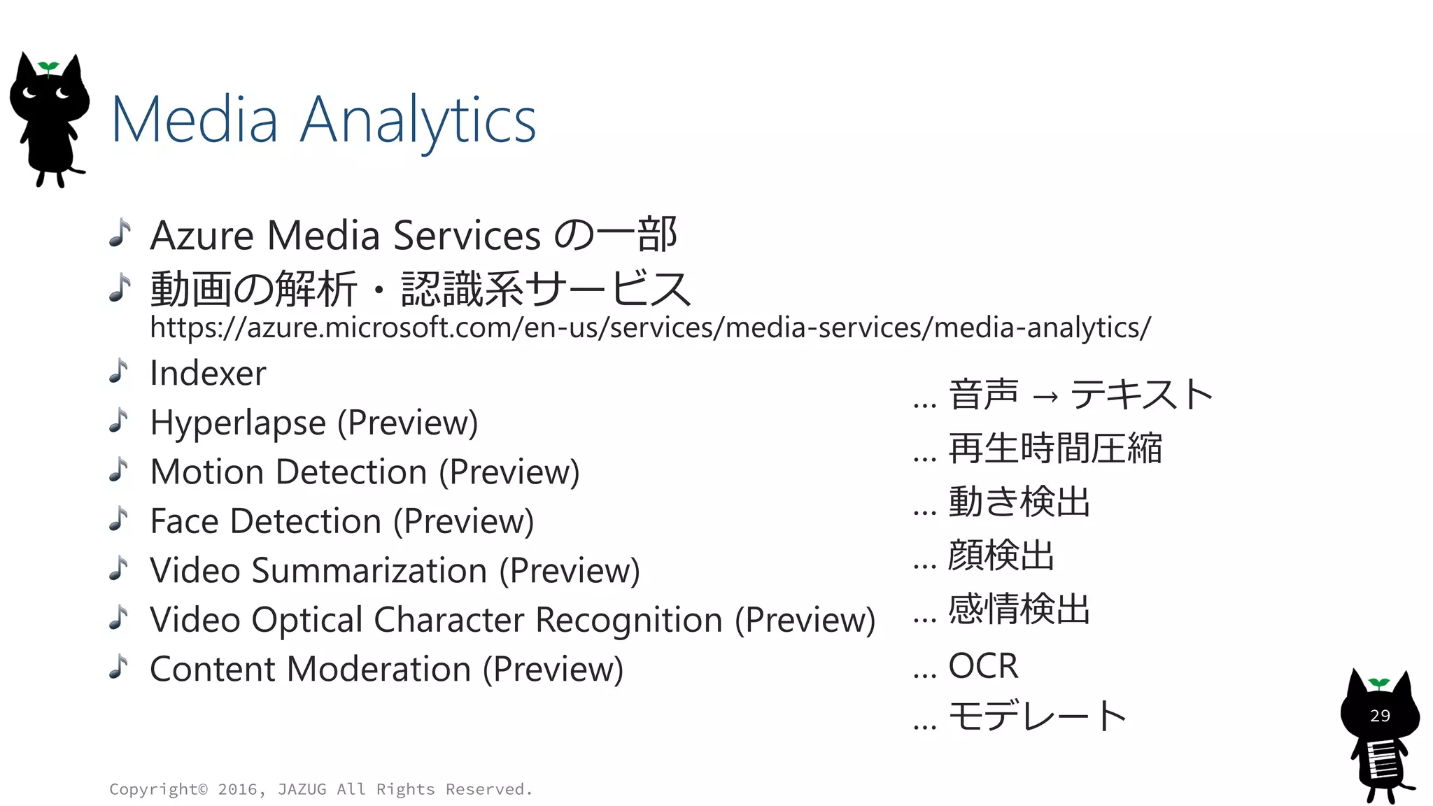 Media Analytics
Azure Media Services の一部
動画の解析・認識系サービス
https://azure.microsoft.com/en-us/services/media-services/media-analytics/
Indexer
Hyperlapse (Preview)
Motion Detection (Preview)
Face Detection (Preview)
Video Summarization (Preview)
Video Optical Character Recognition (Preview)
Content Moderation (Preview)
Copyright© 2016, JAZUG All Rights Reserved.
29
… 音声 → テキスト
… 再生時間圧縮
… 動き検出
… 顔検出
… 感情検出
… OCR
… モデレート
 