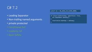 C# 7.2
• Leading Separator
• Non-trailing named arguments
• private protected
• Conditional Ref
• readonly ref
• Span Safety
ushort b1 = 0b_1010_1111_0101_0000;
if (Enum.TryParse(day, ignoreCase: true,
out DayOfWeek weekday))
{
reservation.Weekday = weekday;
}
 