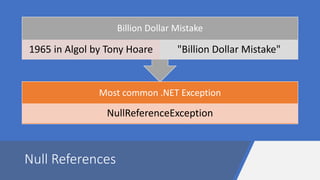 Null References
Most common .NET Exception
NullReferenceException
Billion Dollar Mistake
1965 in Algol by Tony Hoare "Billion Dollar Mistake"
 