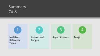 Summary
C# 8
Nullable
Reference
Types
1
Indexes and
Ranges
2
Async Streams
3
Magic
4
 