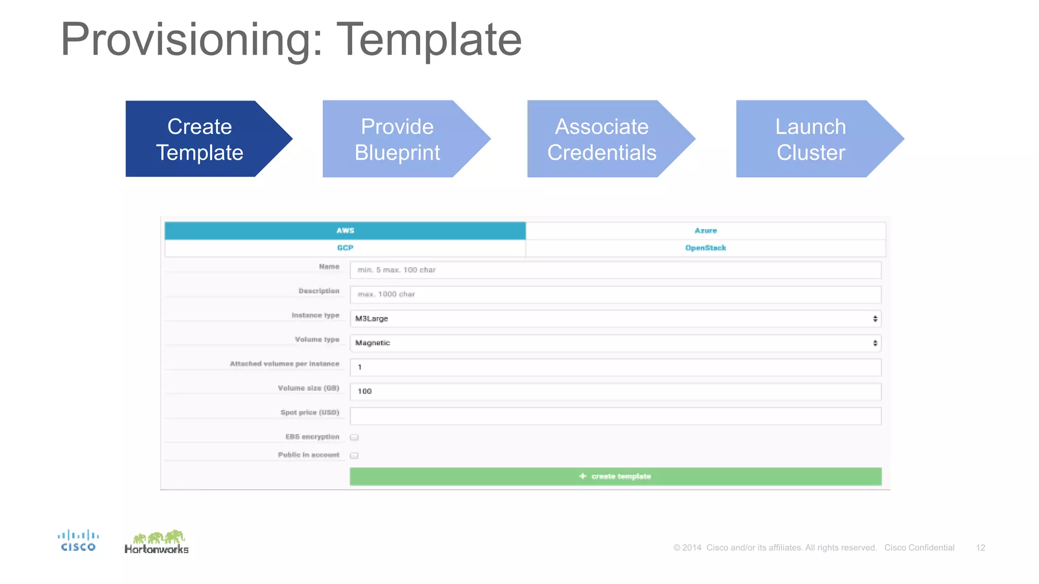 Provisioning: Template
Create
Template
Provide
Blueprint
Associate
Credentials
Launch
Cluster
 