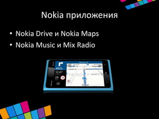 Nokia приложения
• Nokia Drive и Nokia Maps
• Nokia Music и Mix Radio
 