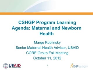 CSHGP Program Learning
Agenda: Maternal and Newborn
           Health
           Marge Koblinsky
 Senior Maternal Health Advisor, USAID
       CORE Group Fall Meeting
           October 11, 2012
                   1
 