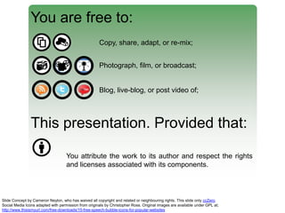 You are free to:
Copy, share, adapt, or re-mix;
Photograph, film, or broadcast;

Blog, live-blog, or post video of;

This presentation. Provided that:
You attribute the work to its author and respect the rights
and licenses associated with its components.

Slide Concept by Cameron Neylon, who has waived all copyright and related or neighbouring rights. This slide only ccZero.
Social Media Icons adapted with permission from originals by Christopher Ross. Original images are available under GPL at;
http://www.thisismyurl.com/free-downloads/15-free-speech-bubble-icons-for-popular-websites

 