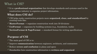 Csi Engineering Format Comprehensive Guide to CSI MasterFormat for Construction Projects | PPTX