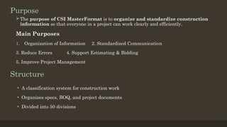 Csi Masterformat Classifications Comprehensive Guide to CSI MasterFormat for Construction Projects | PPTX