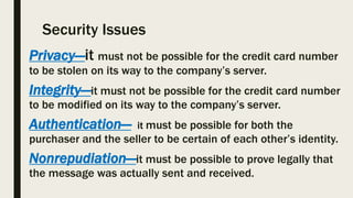 Security Issues
Privacy—it must not be possible for the credit card number
to be stolen on its way to the company’s server.
Integrity—it must not be possible for the credit card number
to be modified on its way to the company’s server.
Authentication— it must be possible for both the
purchaser and the seller to be certain of each other’s identity.
Nonrepudiation—it must be possible to prove legally that
the message was actually sent and received.
 