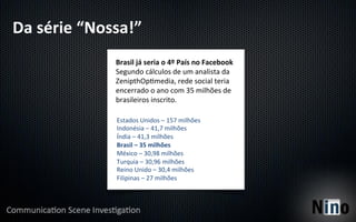 Da	
  série	
  “Nossa!”	
  
                    Brasil	
  já	
  seria	
  o	
  4º	
  País	
  no	
  Facebook	
  
                    Segundo	
  cálculos	
  de	
  um	
  analista	
  da	
  
                    ZenipthOp8media,	
  rede	
  social	
  teria	
  
                    encerrado	
  o	
  ano	
  com	
  35	
  milhões	
  de	
  
                    brasileiros	
  inscrito.	
  

                     Estados	
  Unidos	
  –	
  157	
  milhões	
  
                     Indonésia	
  –	
  41,7	
  milhões	
  
                     Índia	
  –	
  41,3	
  milhões	
  
                     Brasil	
  –	
  35	
  milhões	
  
                     México	
  –	
  30,98	
  milhões	
  
                     Turquia	
  –	
  30,96	
  milhões	
  
                     Reino	
  Unido	
  –	
  30,4	
  milhões	
  
                     Filipinas	
  –	
  27	
  milhões	
  
 