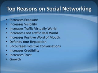 Top Reasons on Social NetworkingIncreases Exposure Increases Visibility Increases Traffic Virtually WorldIncreases Foot Traffic Real WorldIncreases Positive Word of MouthDefends Your ReputationEncourages Positive ConversationsIncreases CredibilityIncreases TrustGrowth